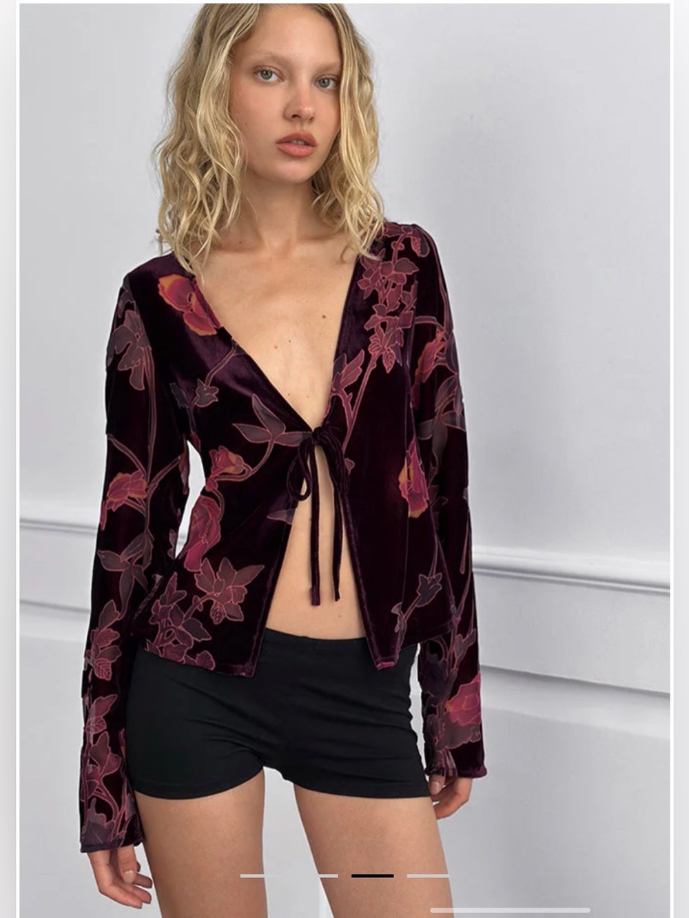 Vici Plum Velvet Floral Tie-Front Blouse